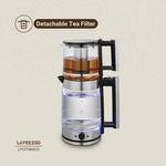 Glass teapot with detachable tea filter on a beige background, featuring the LePresso brand.