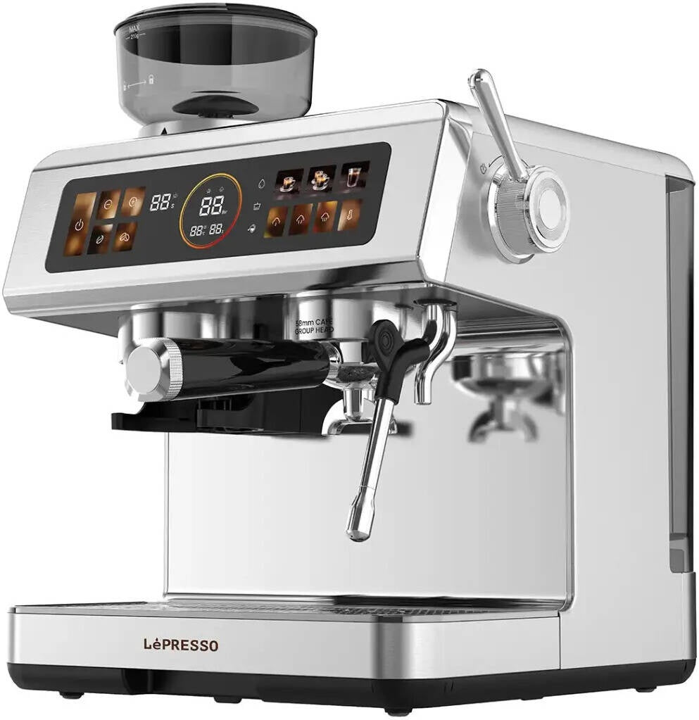 LePresso Deliziosa Semi-Automatic Coffee Machine with Touch Control Panel, 2.8L Water Tank, 20 Bar Pump, 2950W Dual Boiler, Built-in Grinder, 58mm Portafilter Silver