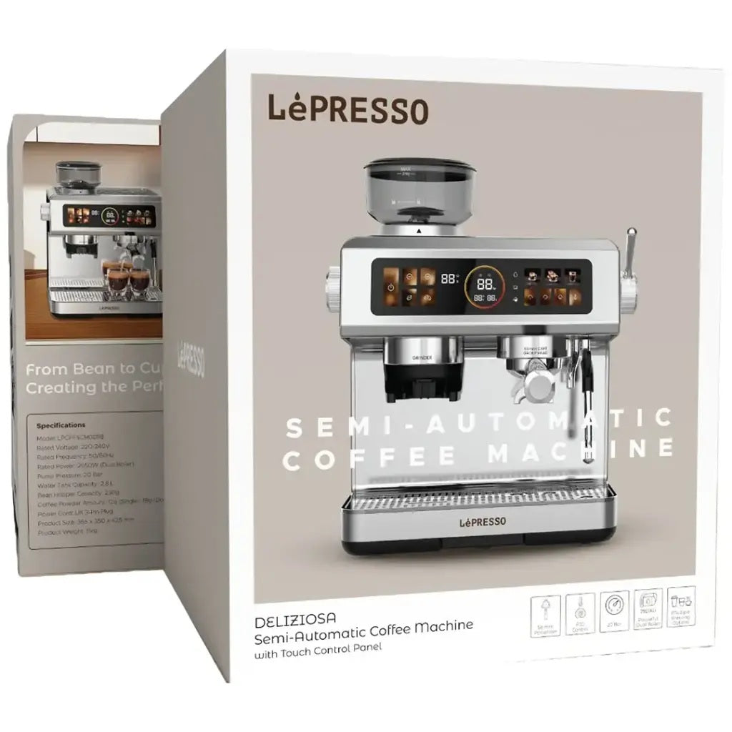 LePresso Deliziosa Semi-Automatic Coffee Machine with Touch Control Panel, 2.8L Water Tank, 20 Bar Pump, 2950W Dual Boiler, Built-in Grinder, 58mm Portafilter Silver