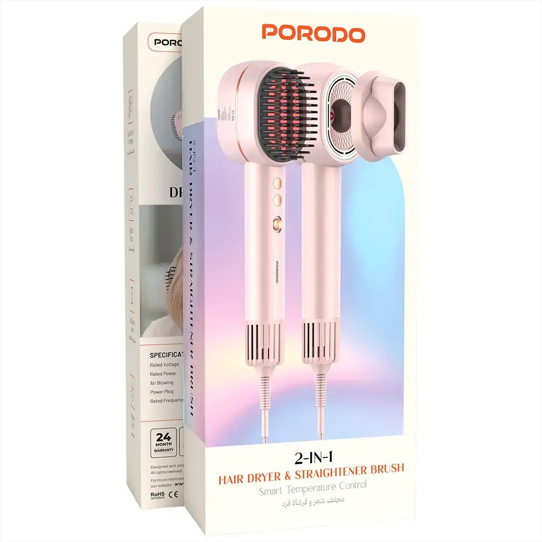 Porodo 2-In-1 Hair Dryer & Straightener Brush with Smart Temperature Control - Pink