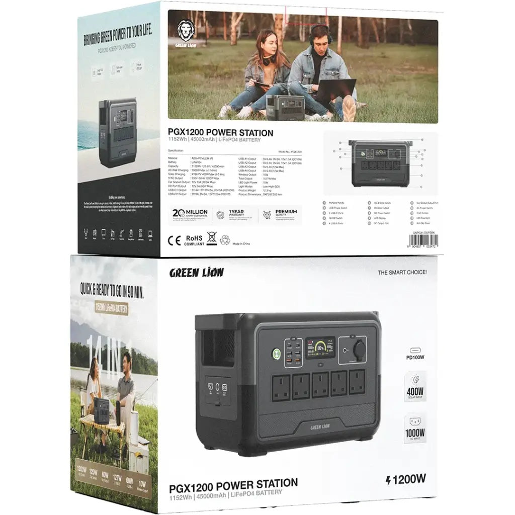 Green Lion PGX1200 power station packaging with images of people using it outdoors.