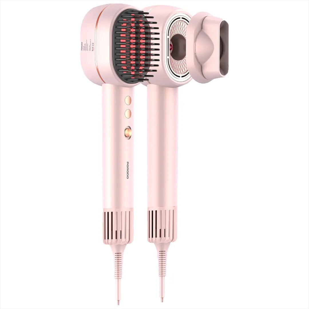 Porodo 2-In-1 Hair Dryer & Straightener Brush with Smart Temperature Control - Pink