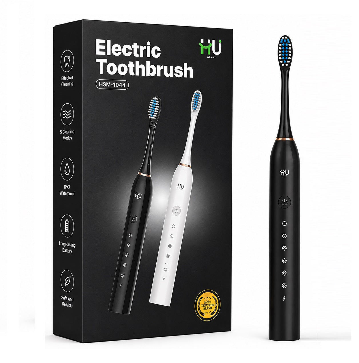 HU Smart Electric Toothbrush HSM-1044 – Rechargeable Sonic Toothbrush with 5 Cleaning Modes & IPX7 Waterproof – Black & White