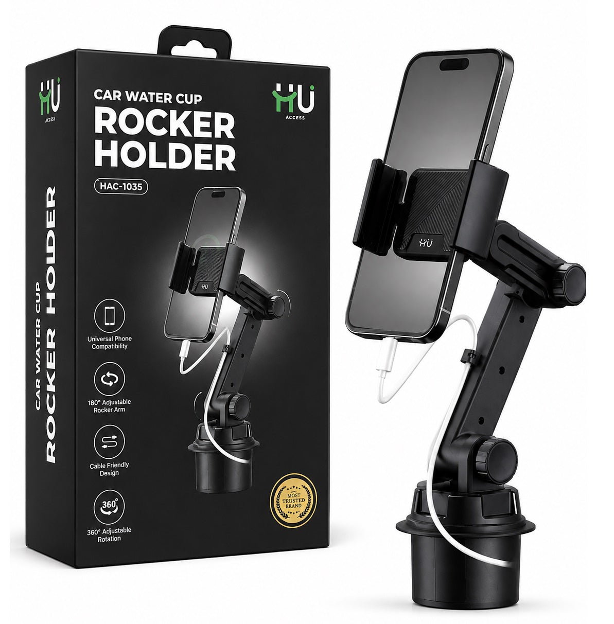 HU Access Car Water Cup Rocker Holder HAC-1035 | 360° Adjustable Cup Holder Phone Mount