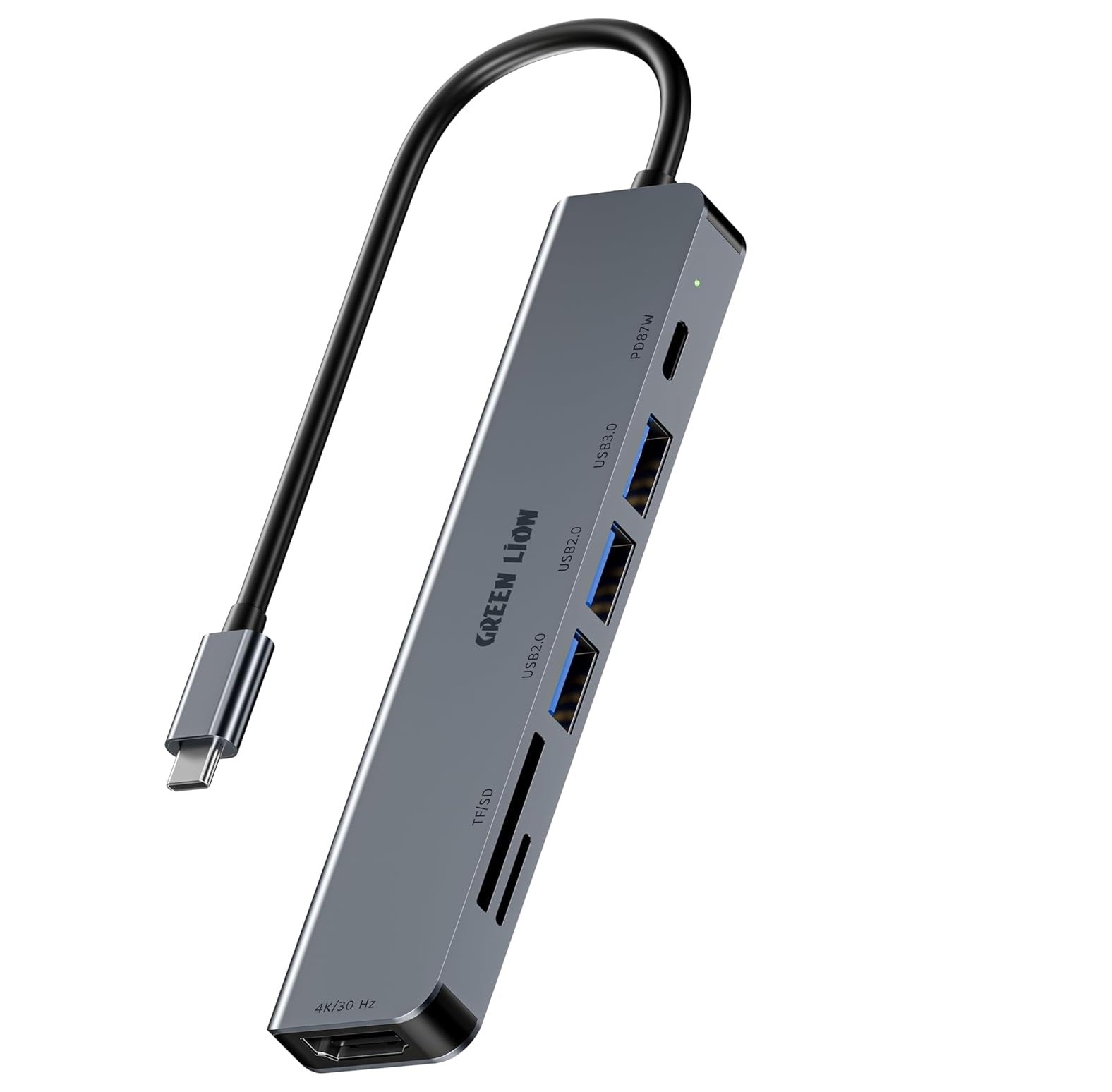 Green Lion 7 In 1 USB-C Hub, SD/TF Card Input, 87W PD, HDMI 4K@30Hz, USB 3.0 Port, USB-C and 2 USB-A 5 Gbps Data Ports, Compact Size, Compatible with MacBook Pro/Laptops