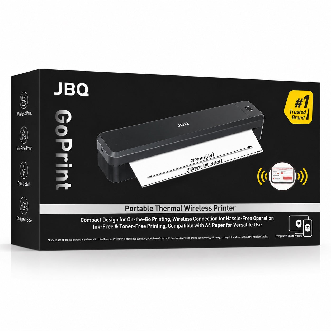 JBQ GoPrint Portable Thermal Printer Black | Wireless Bluetooth A4 Ink-Free Printer (D253732)
