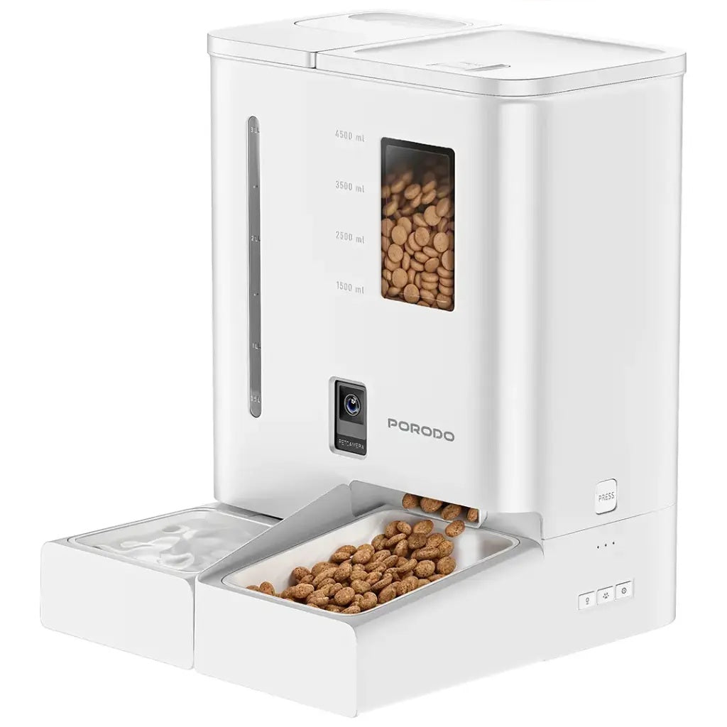 Automatic pet feeder with dual power supply and voice recording.	جهاز تغذية تلقائي بامدادات طاقة مزدوجة وميزة تسجيل الصوت.