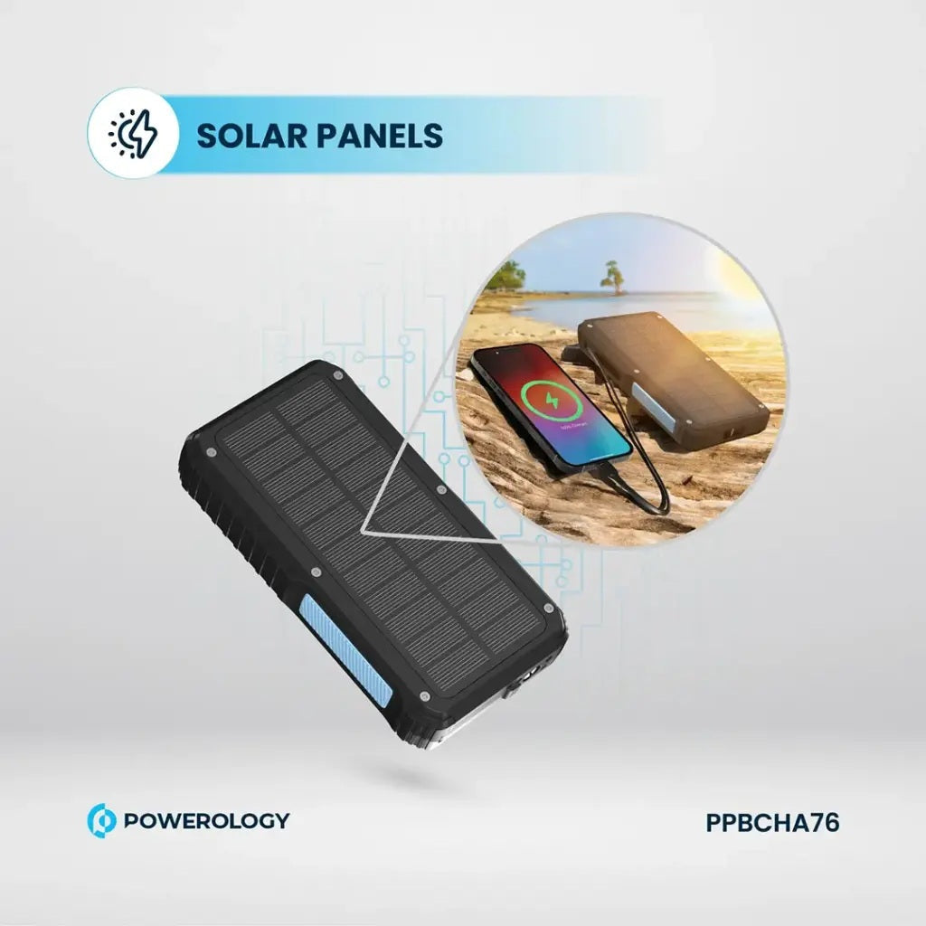 Solar power bank with solar panels on a white background, featuring Powerology branding.