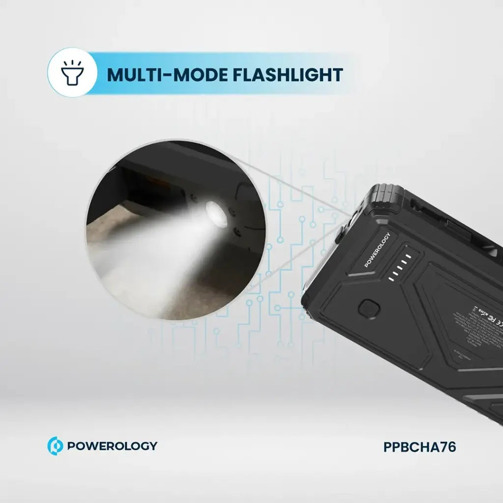 Multi-mode flashlight with Powerology branding on a white background