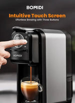 Rich espresso with thick crema being poured from the 20-bar Bomidi CM01.