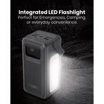 Portable power station with integrated LED flashlight on a dark background