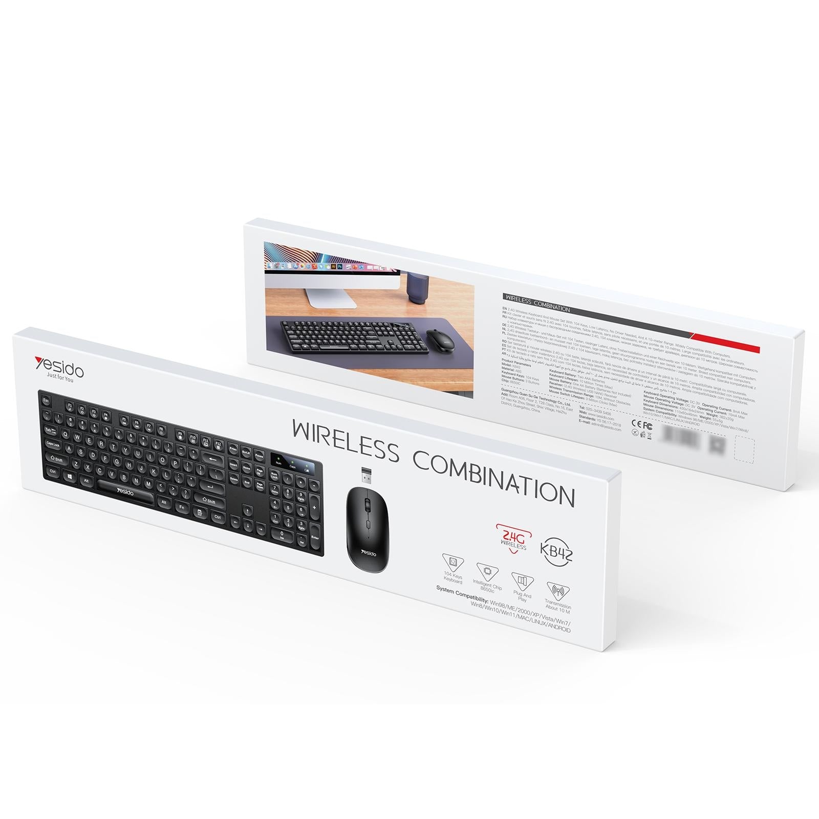 Yesido KB42 2.4G Wireless Keyboard & Mouse Combo – 104-Key Business Keyboard with Nano Receiver