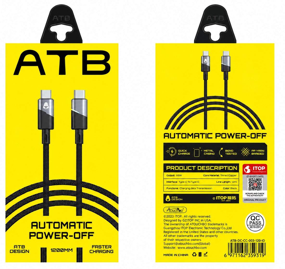 ATB Automatic Power-Off USB-C to USB-C Fast Charging Cable 65W 1.2M Braided Cable 9319