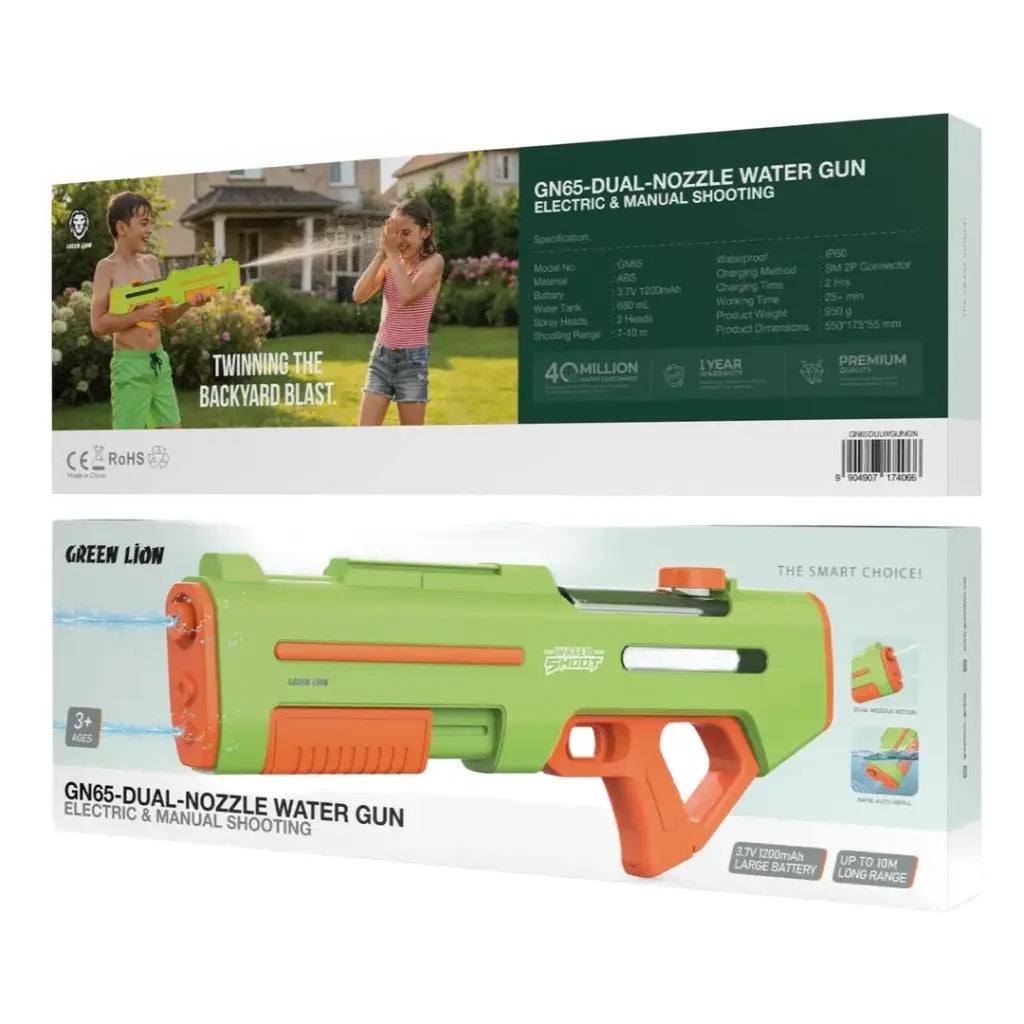 Green Lion GN65 Dual Mode Electric Water Gun with 680ml Tank, 1200mAh Rechargeable Battery, Dual Nozzles & 10m Range (orange& Green)