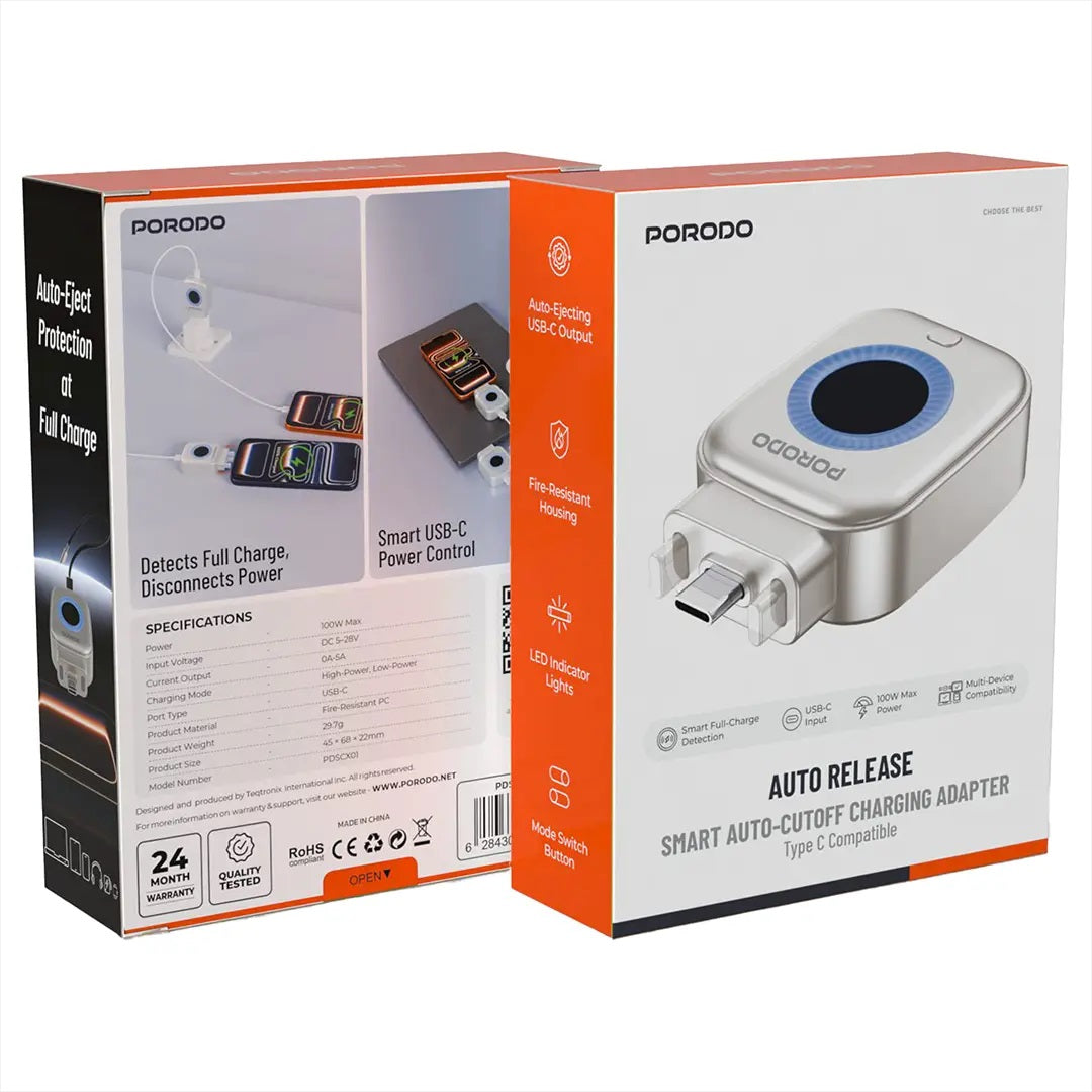 Porodo Auto Release Smart Auto-Cutoff Charging Adapter - Silver 2610