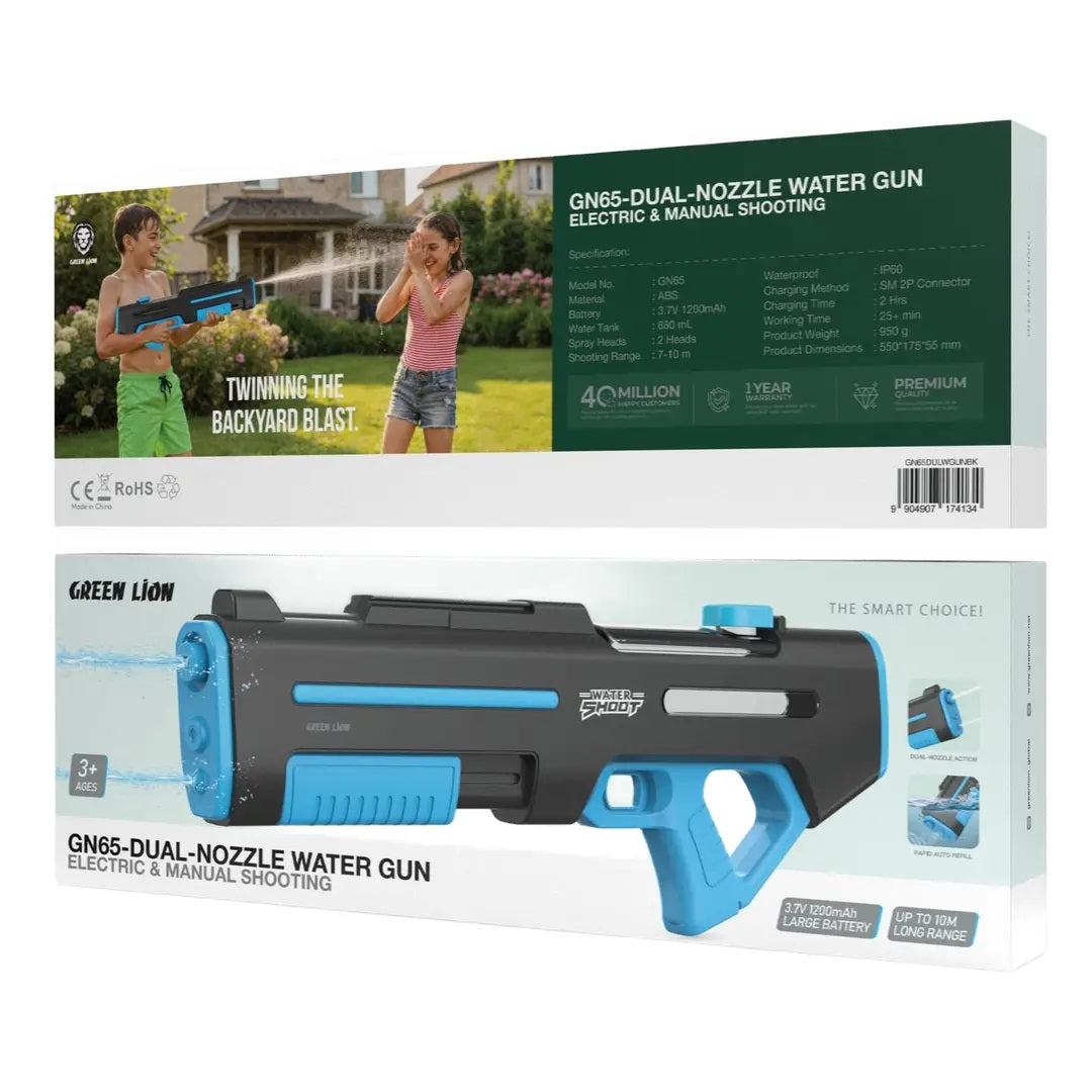 Green Lion GN65 Dual Mode Electric Water Gun with 680ml Tank, 1200mAh Rechargeable Battery, Dual Nozzles & 10m Range Black and Blue
