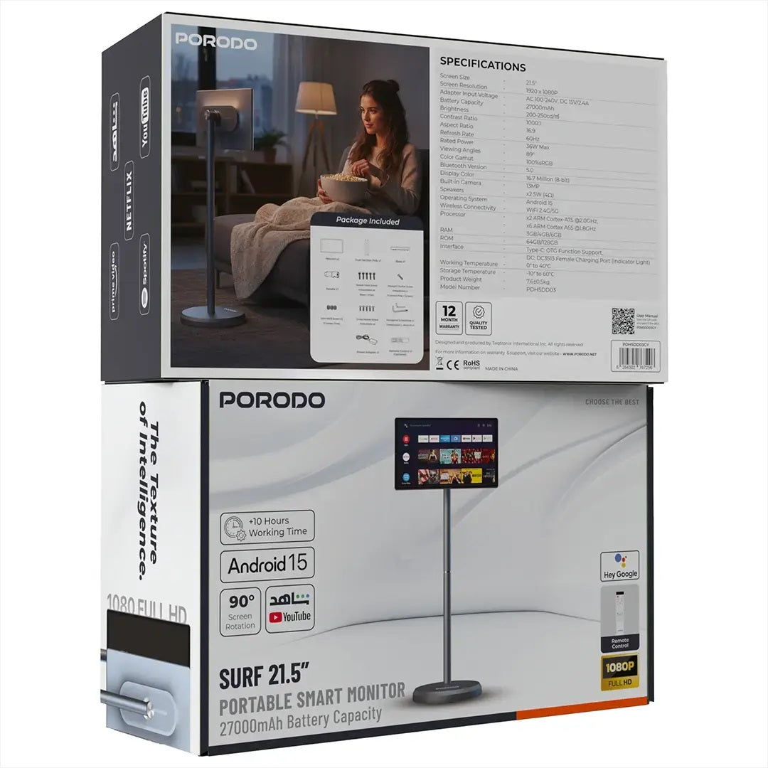 Porodo Surf 21.5" Portable Smart Monitor with 27000mAh Battery Capacity - Gray