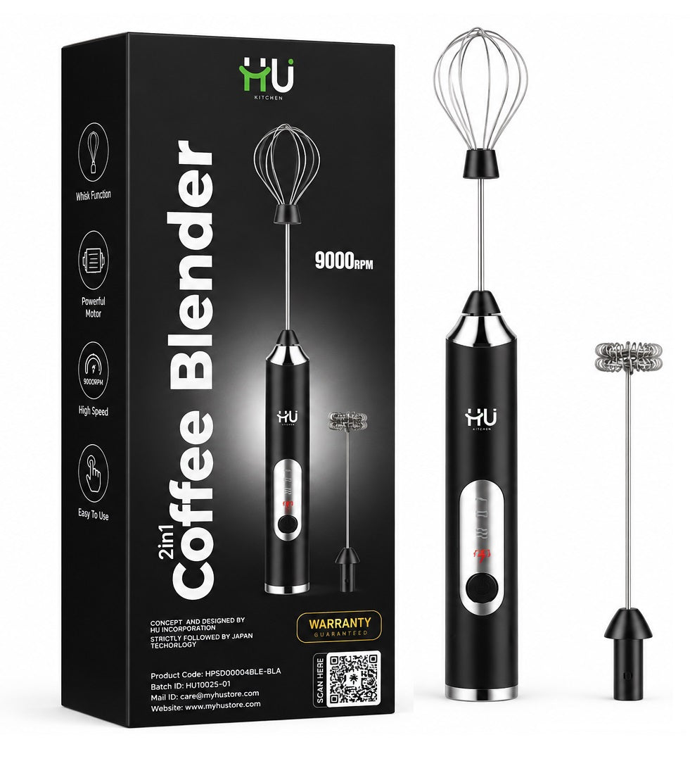 HU Kitchen 2-in-1 Electric Coffee Frother & Milk Whisk 9000RPM – Rechargeable Handheld Milk Frother – Black HKI-1005