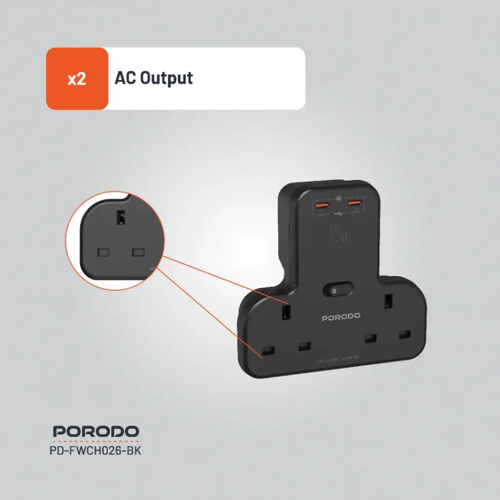 Black power adapter with multiple outlets on a gray background, featuring the PORODO brand.