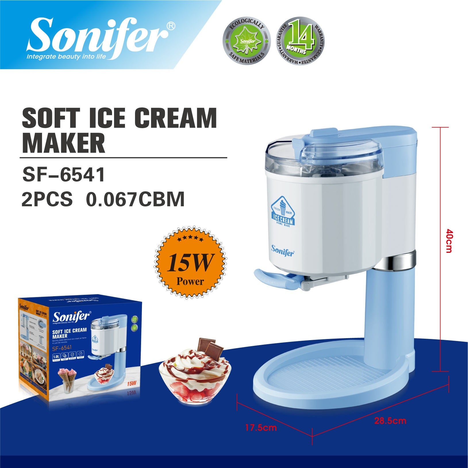 Sonifer SF-6541 Household Ice Cream Maker 1000ml Capacity 25min Fast Making Detachable Bowl Visual Window