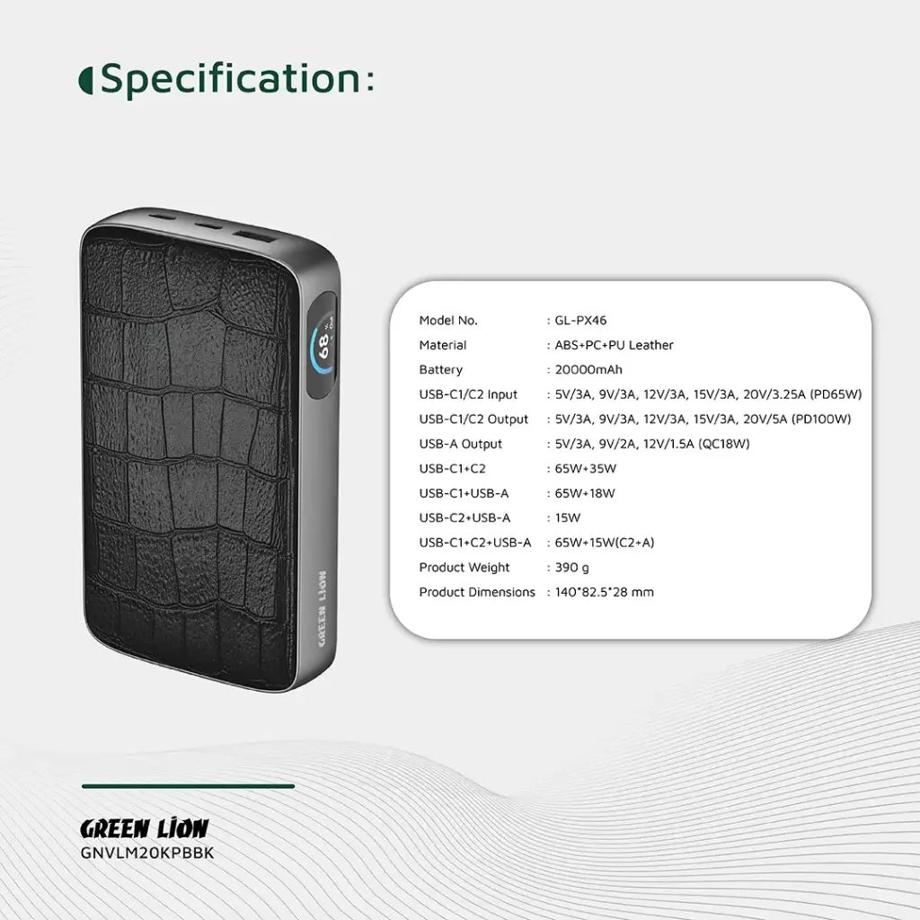 Green Lion Valmont 20000mAh Power Bank PD 100W - Black