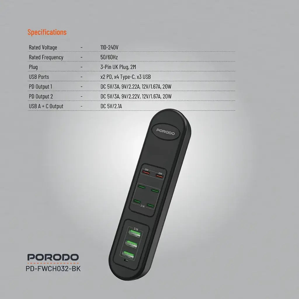 Porodo 50W Multi-Port USB Charging HUB - Black