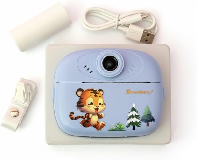 KC02 Kids Instant Print Digital Camera – 2.0" LCD, Type-C Charging & Cute Tiger Design (Blue)