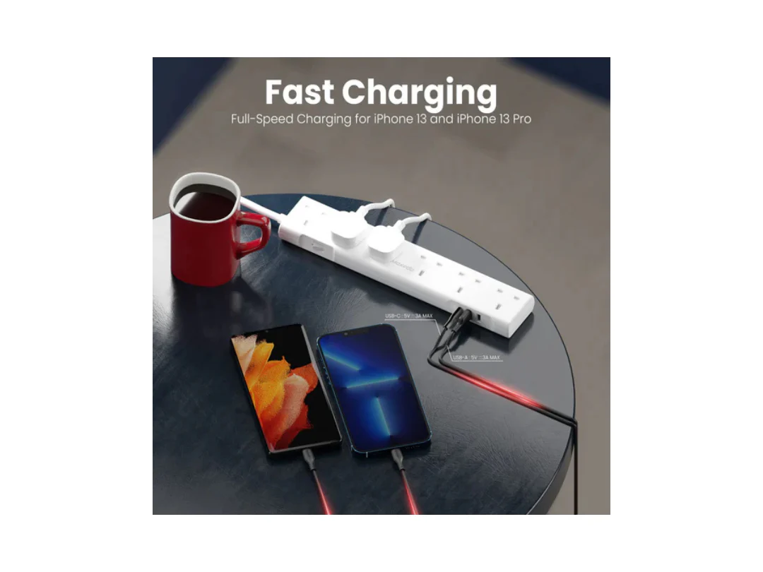 Two smartphones charging with a power strip on a table, featuring text about fast charging.