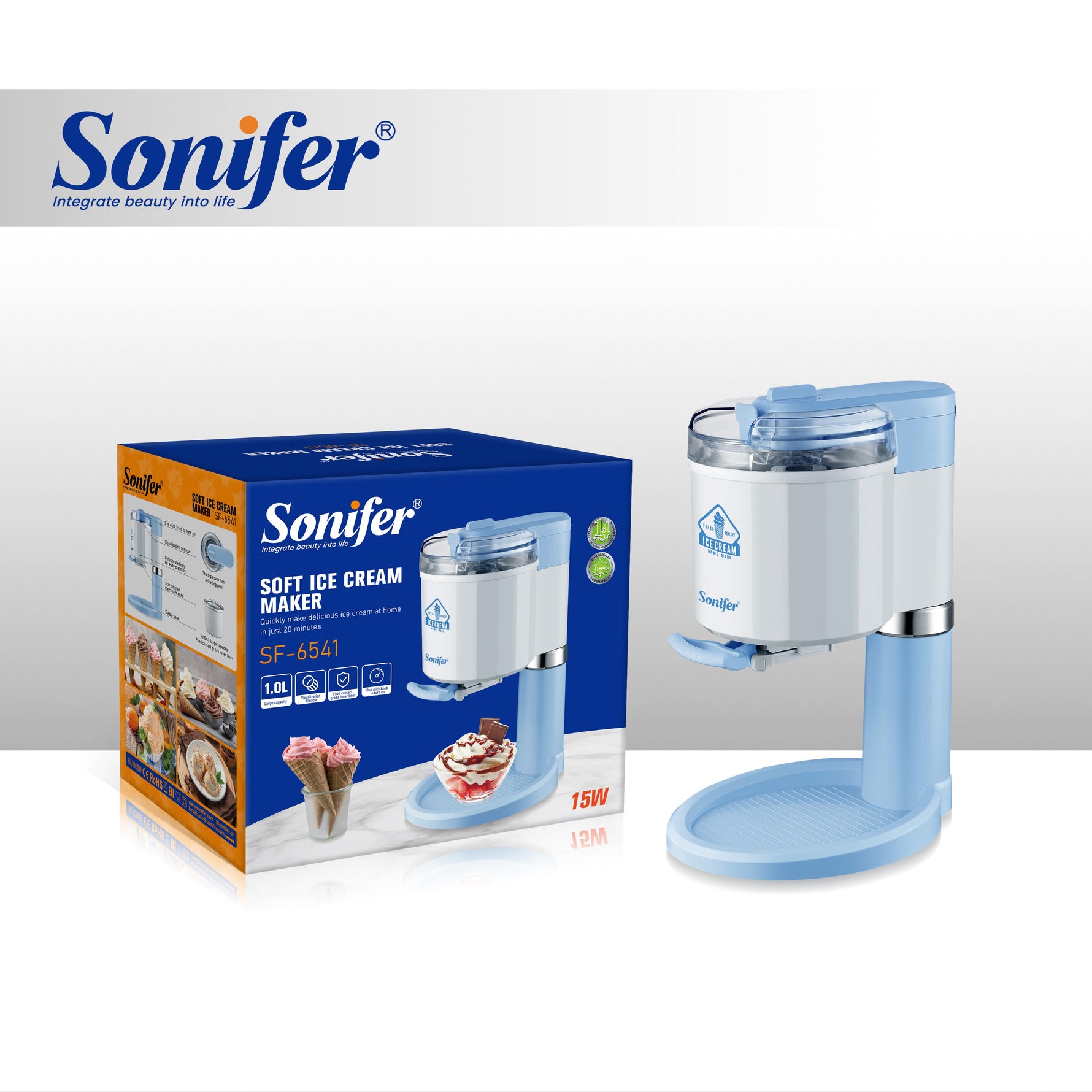 Sonifer SF-6541 Household Ice Cream Maker 1000ml Capacity 25min Fast Making Detachable Bowl Visual Window