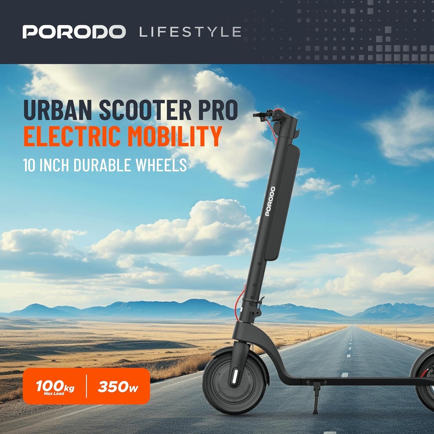 Porodo Lifestyle Urban Scooter Pro Electric, Max Speed 32 Km/h, Max Distance 35 Km, Foldable,10 inch Tires, Dual Brakes, LED Display, Sports Scooter, Aluminum Frame, Lite Black