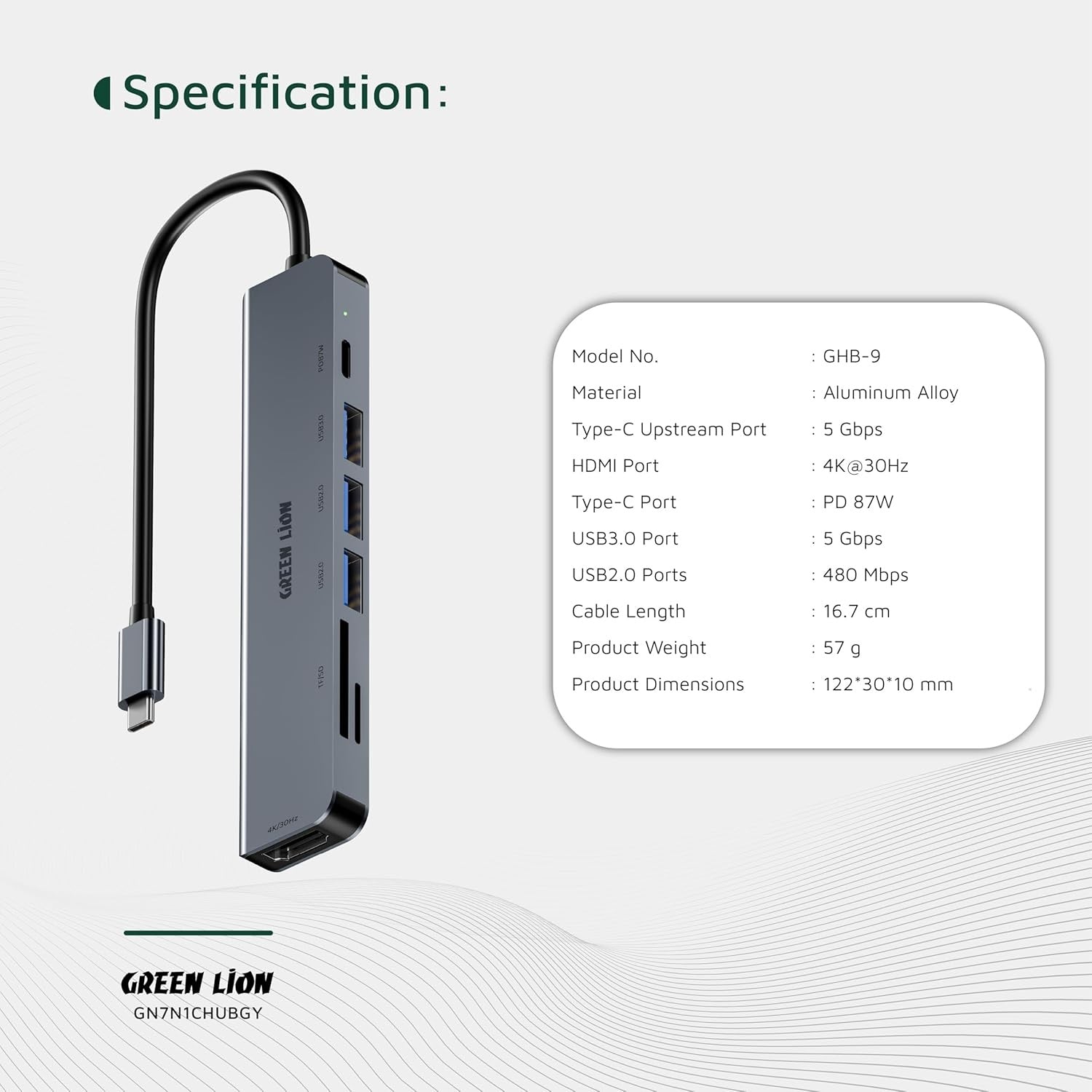 Green Lion 7 In 1 USB-C Hub, SD/TF Card Input, 87W PD, HDMI 4K@30Hz, USB 3.0 Port, USB-C and 2 USB-A 5 Gbps Data Ports, Compact Size, Compatible with MacBook Pro/Laptops