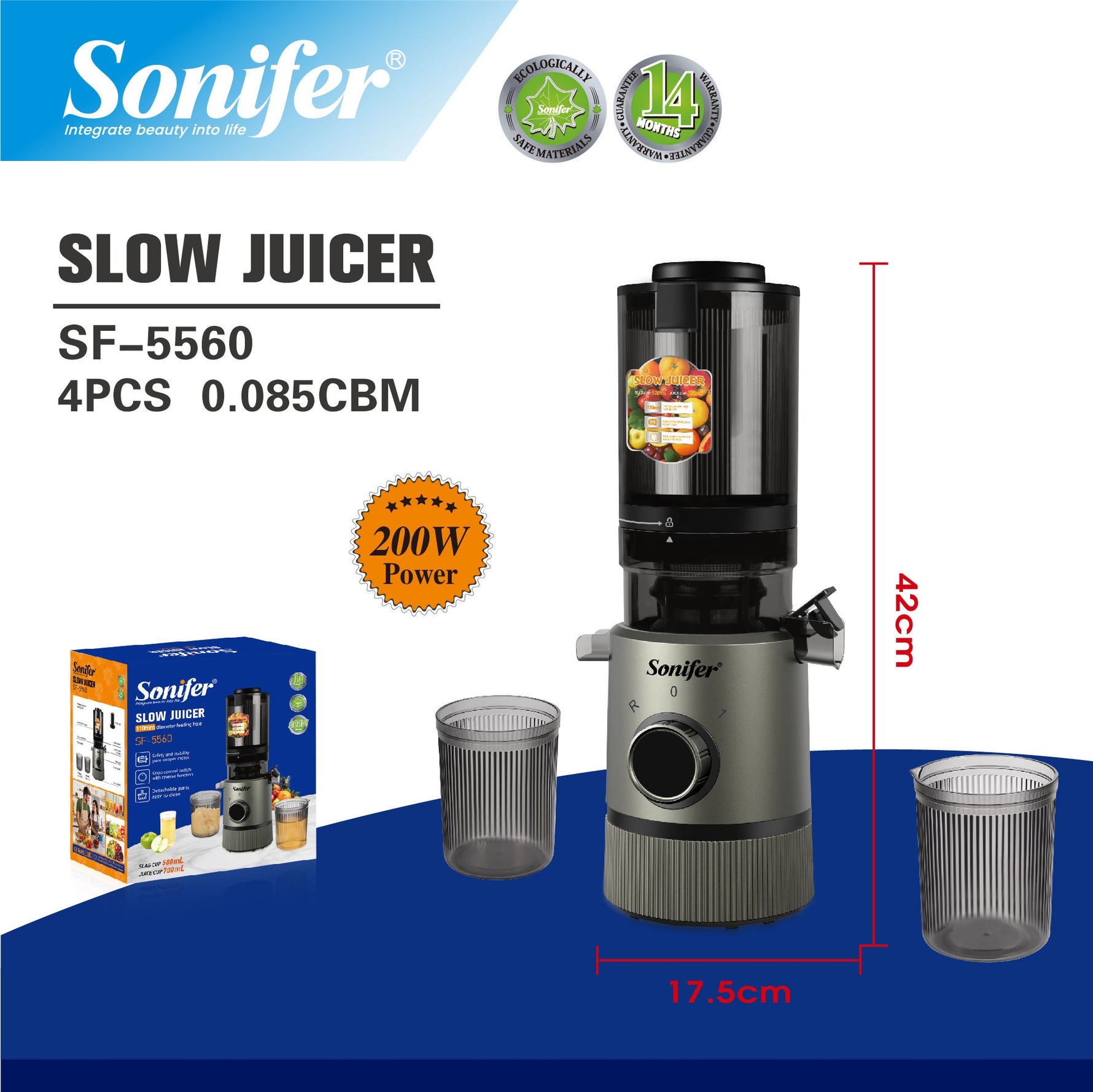 Sonifer SF-5560 Commercial Slow Masticating Juicer with Reverse Function Easy Clean
