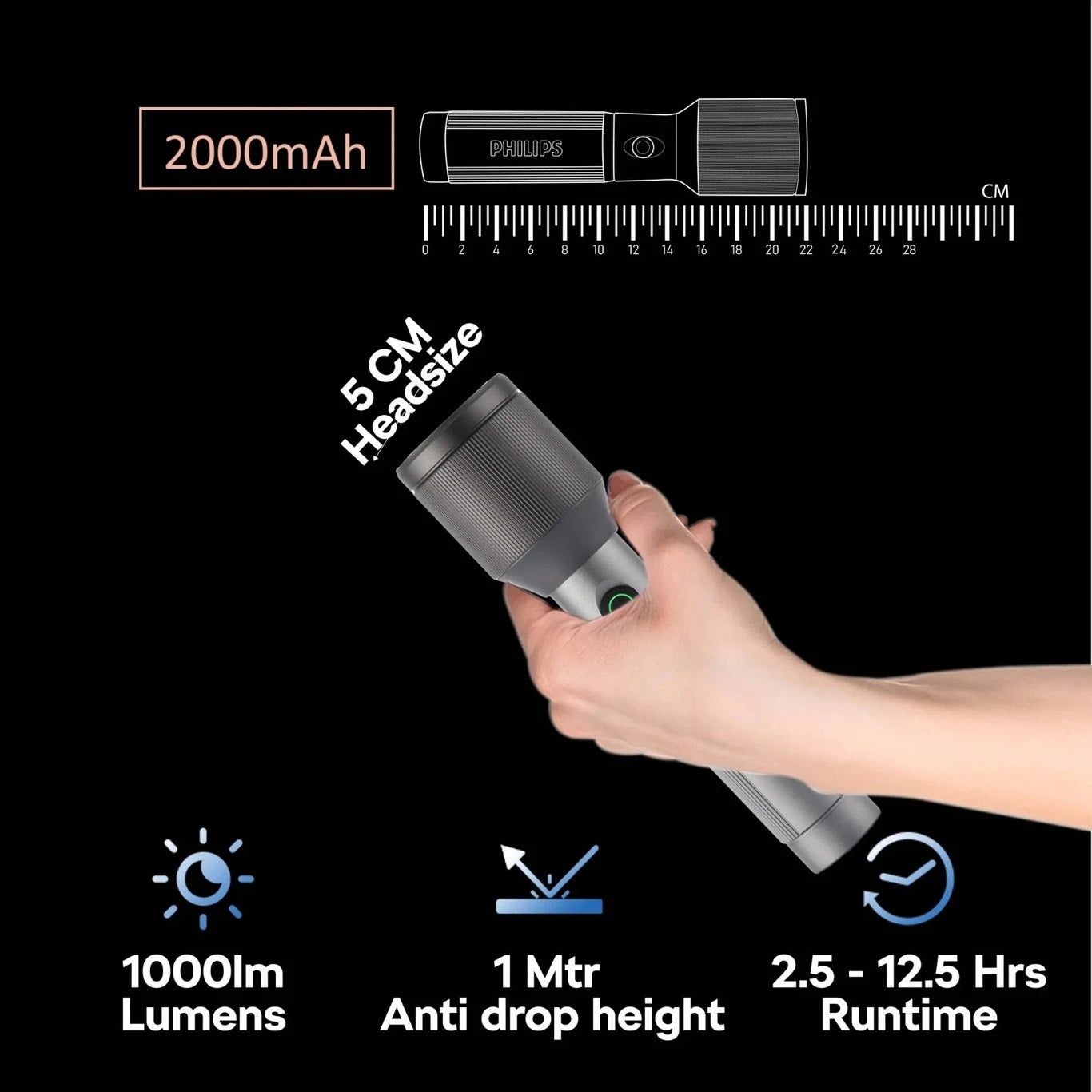 PHILIPS Aircraft Aluminium Alloy 22cms Zoom LED Rechargeable Flashlight – 1000Lumens, 900m Range, 2000mAh SFL2142C4/56 ( PACK OF 4 )