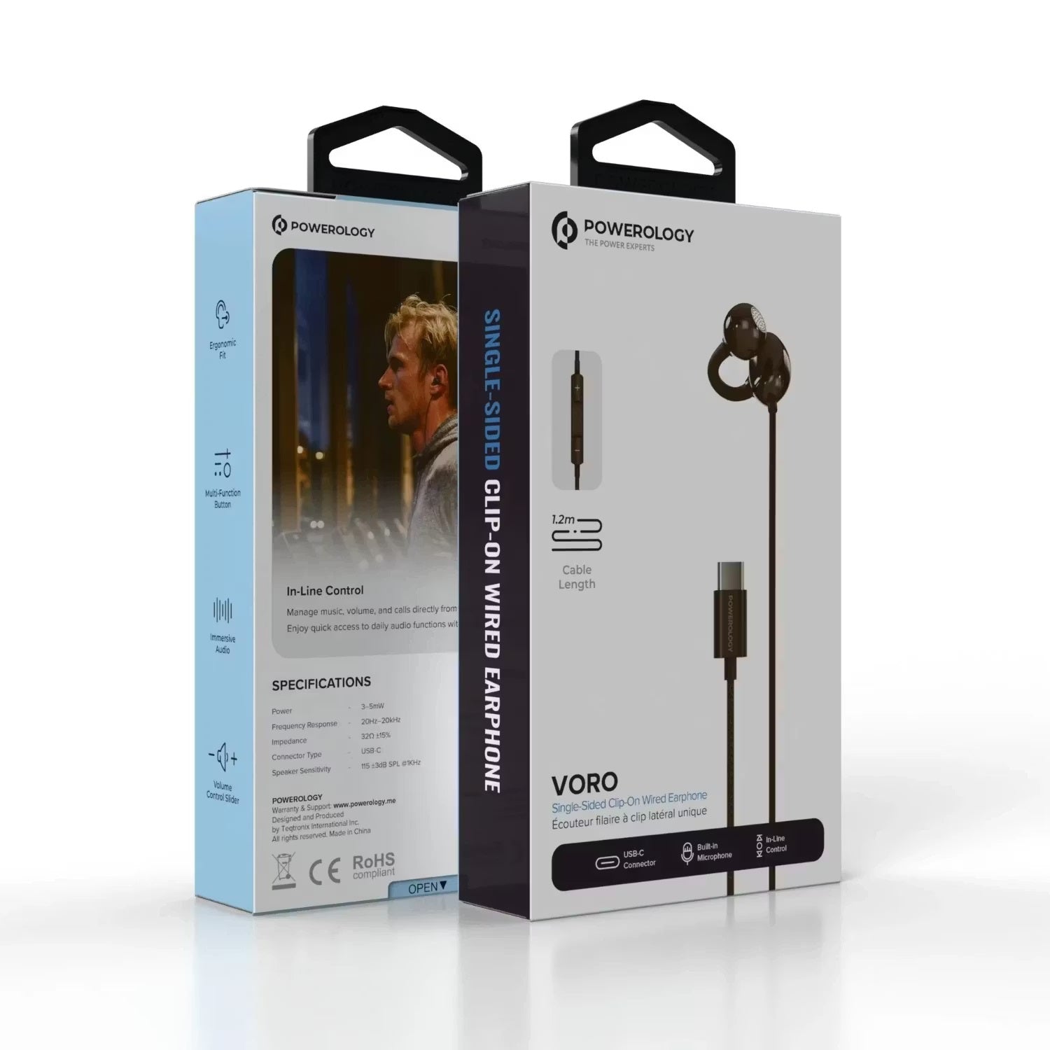 Powerology Earphone Voro PWSCWES12BK - Single-Sided Clip-On, Black