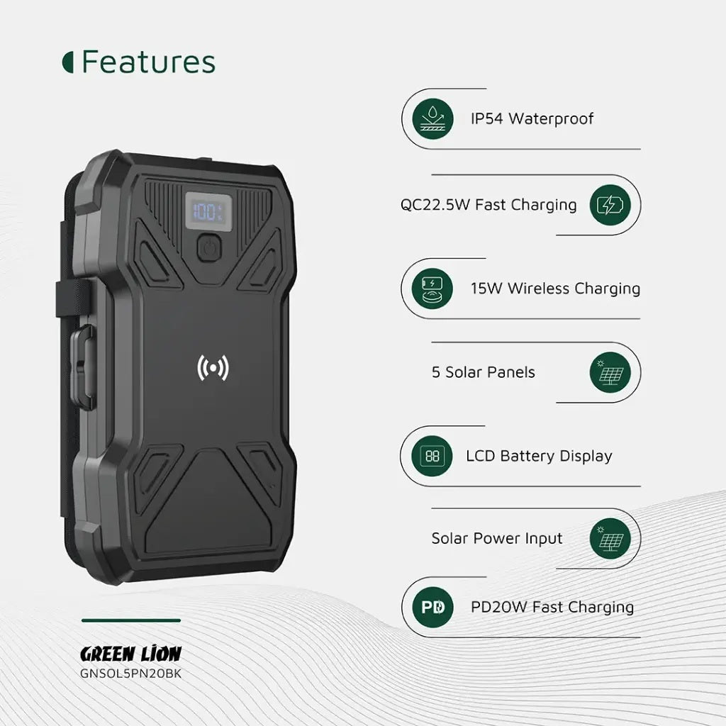Green Lion Solar 5-Panel 20000mAh Power Bank PD20W - Black