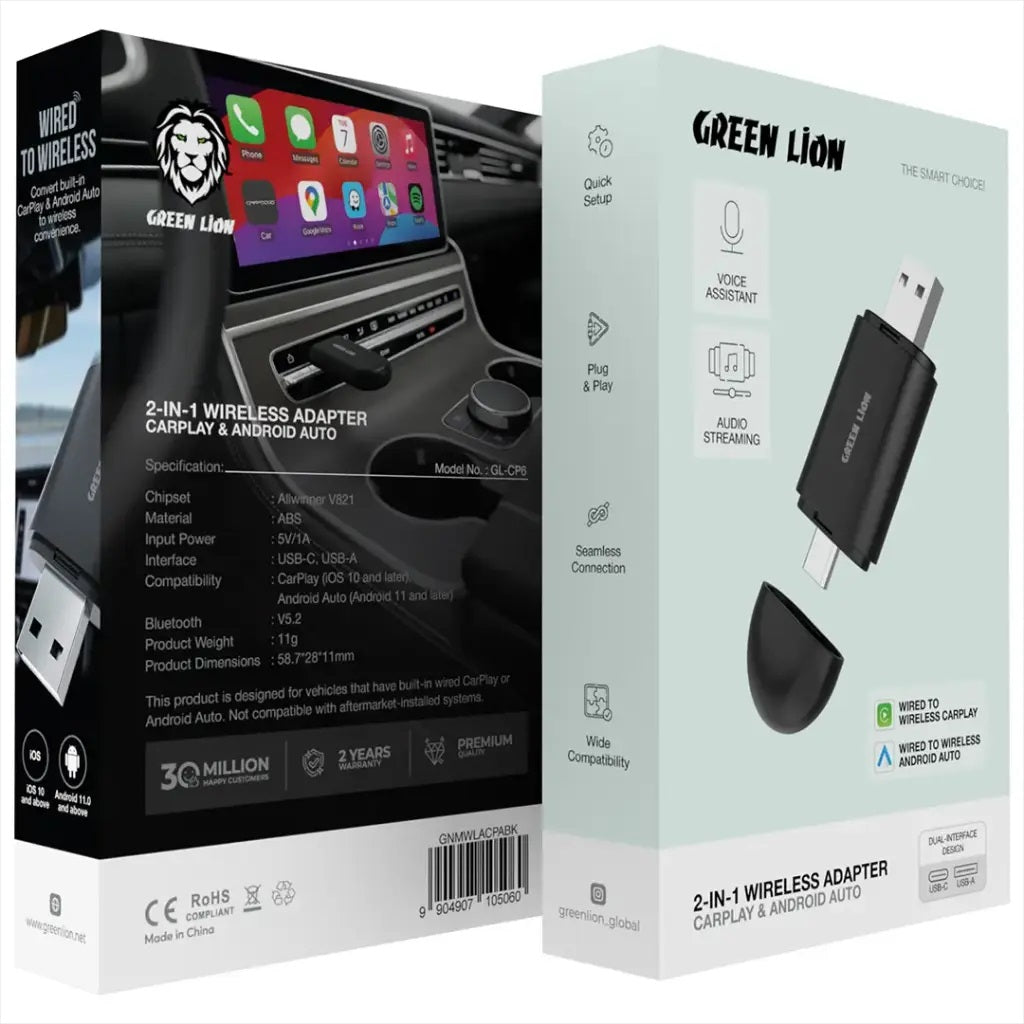 Green Lion 2-in-1 Wireless CarPlay and Android Auto Adapter - Black 5060