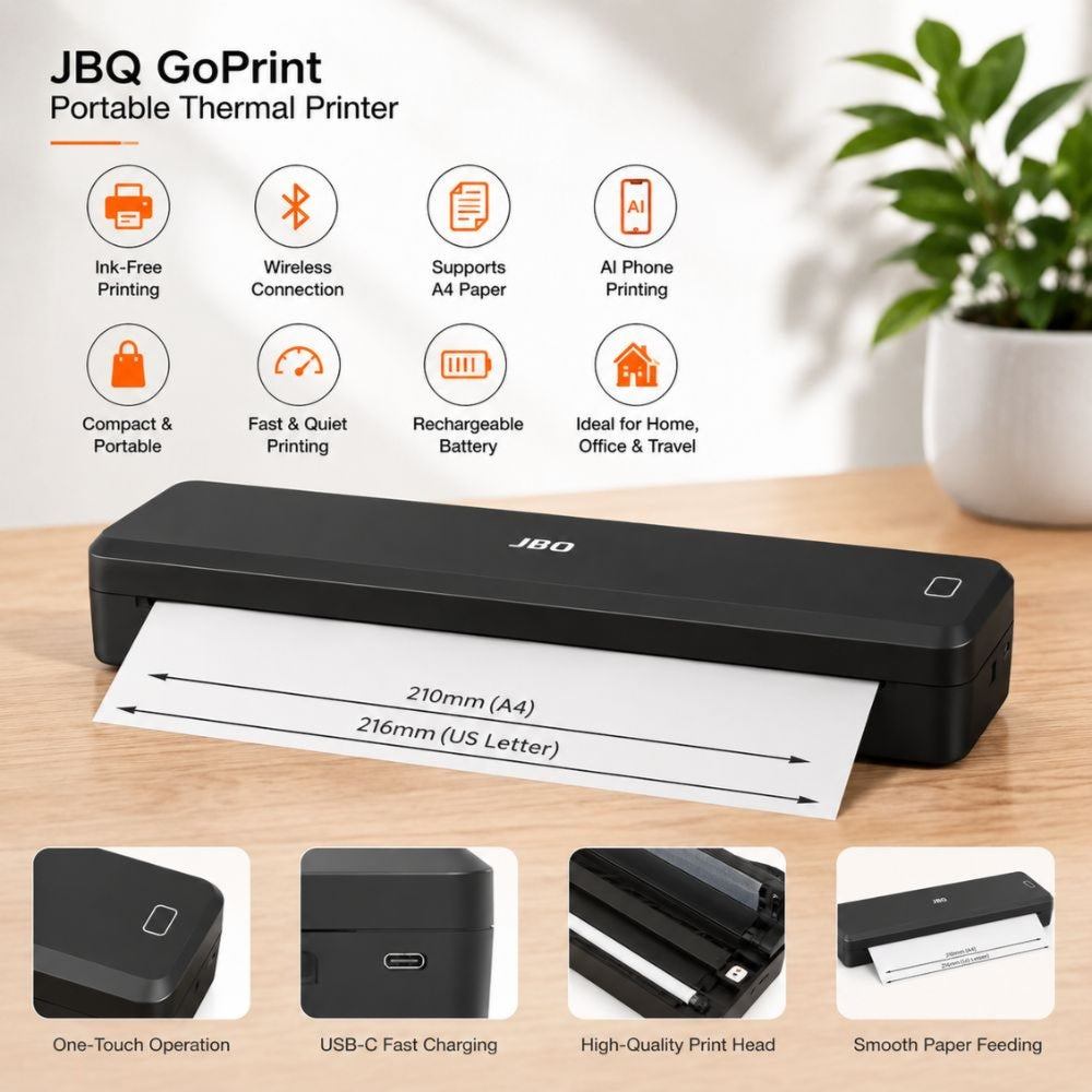 JBQ GoPrint Portable Thermal Printer Black | Wireless Bluetooth A4 Ink-Free Printer (D253732)