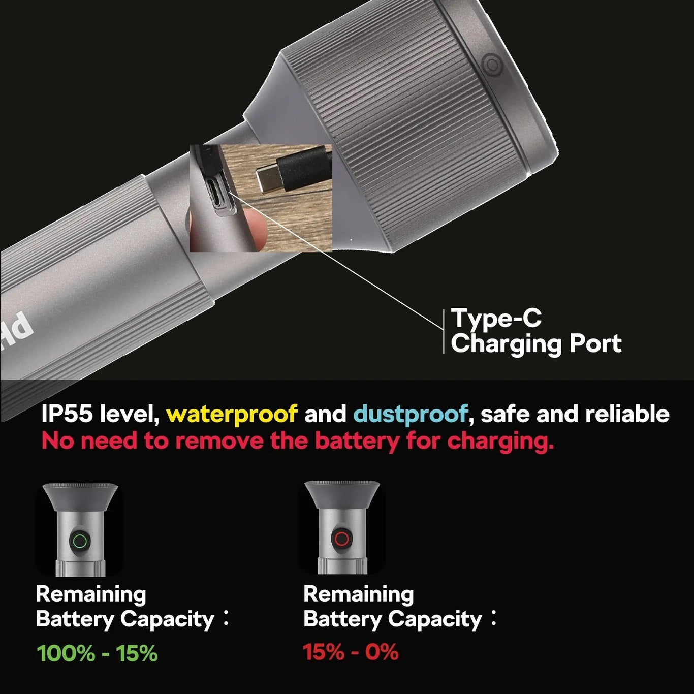 PHILIPS Aircraft Aluminium Alloy 22cms Zoom LED Rechargeable Flashlight – 1000Lumens, 900m Range, 2000mAh SFL2142C4/56 ( PACK OF 4 )