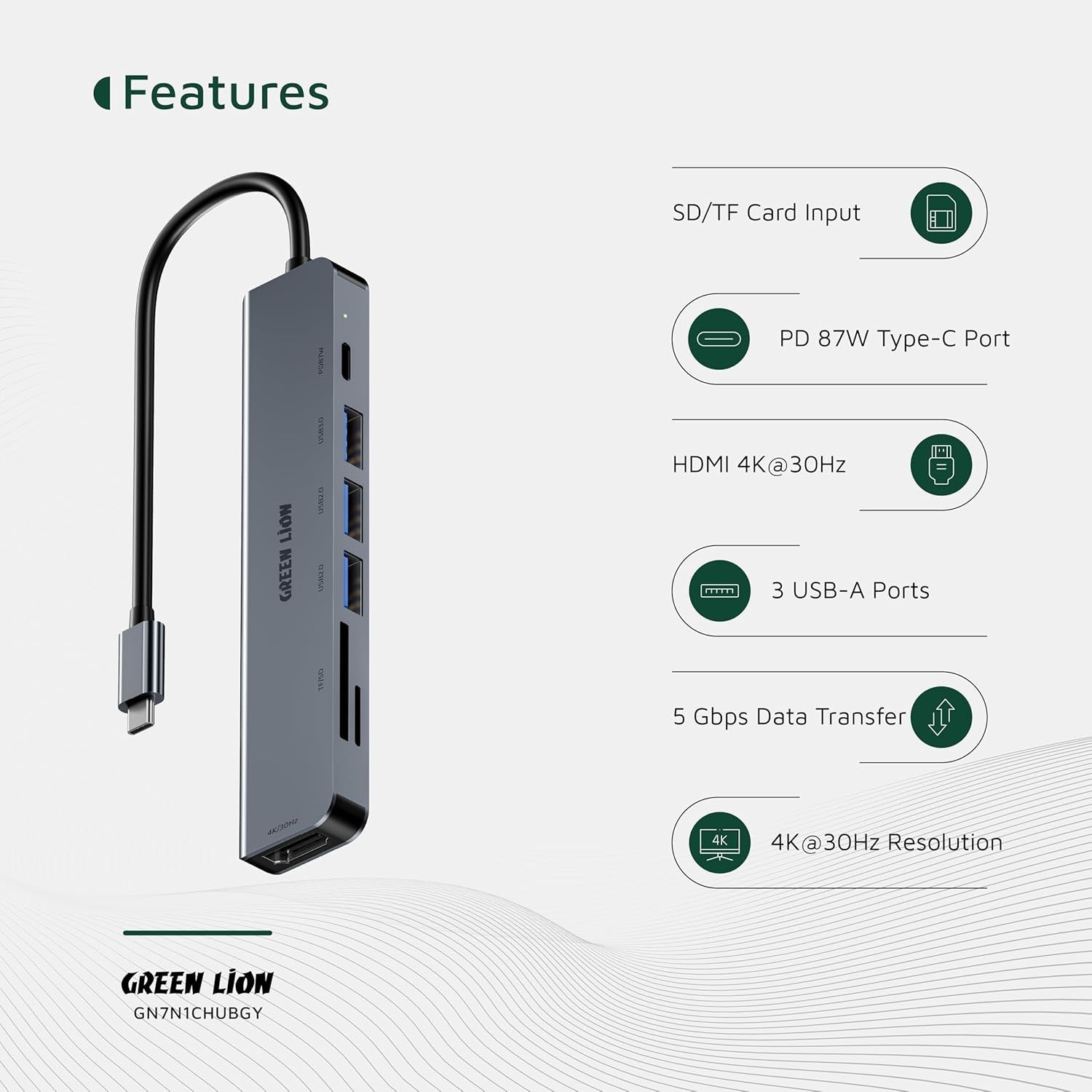 Green Lion 7 In 1 USB-C Hub, SD/TF Card Input, 87W PD, HDMI 4K@30Hz, USB 3.0 Port, USB-C and 2 USB-A 5 Gbps Data Ports, Compact Size, Compatible with MacBook Pro/Laptops
