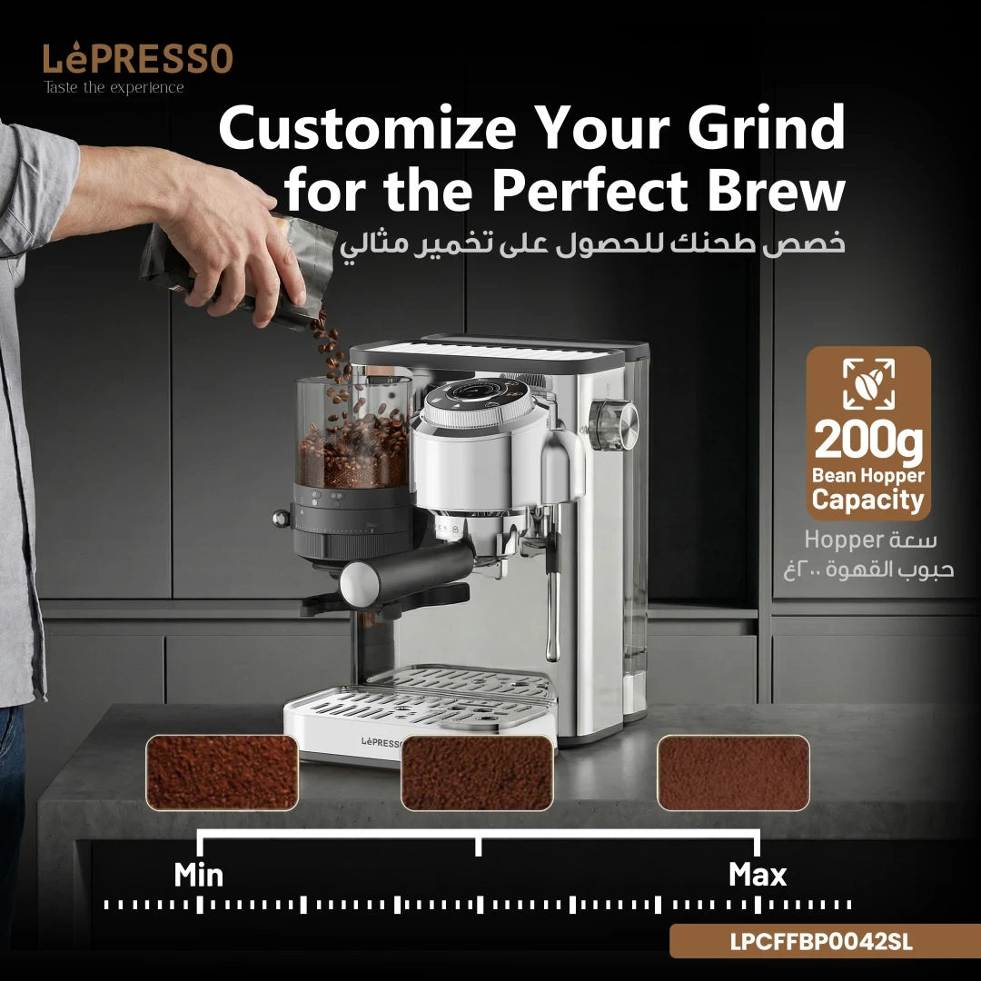 Lepresso IlBurrone 20 Bar Italian Pump Coffee Machine with Bean Grinder and Steam Wand - Silver