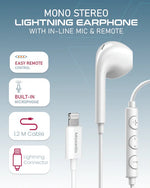 Moxedo Mono Stereo Earphone Lightning Connector Earphone In-Line Remote, Built-in Microphone Compatible for iPhone 14/13/12/11 Pro Max/X/XS Max/XR (White) MX-STE022