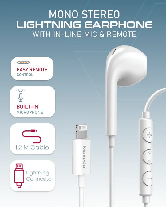 Moxedo Mono Stereo Earphone Lightning Connector Earphone In-Line Remote, Built-in Microphone Compatible for iPhone 14/13/12/11 Pro Max/X/XS Max/XR (White) MX-STE022