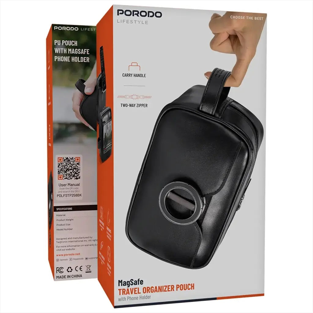 Porodo Lifestyle MagSafe Travel Organizer Pouch with Phone Holder - Black 0352