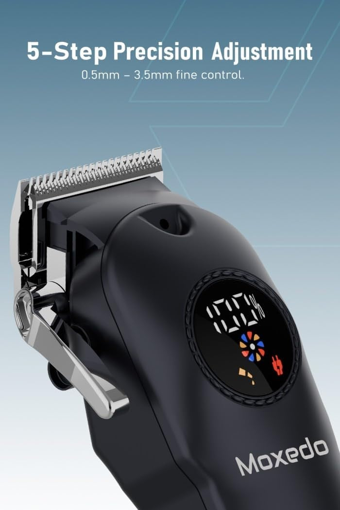 Moxedo Orvex Professional Hair Clipper Set, Cordless Electric Trimmer with LCD Display, T-Blade, 5 Level Adjustment, 10 Guide Combs, 1200mAh Battery, Stainless Steel Blade with Grooming Kit