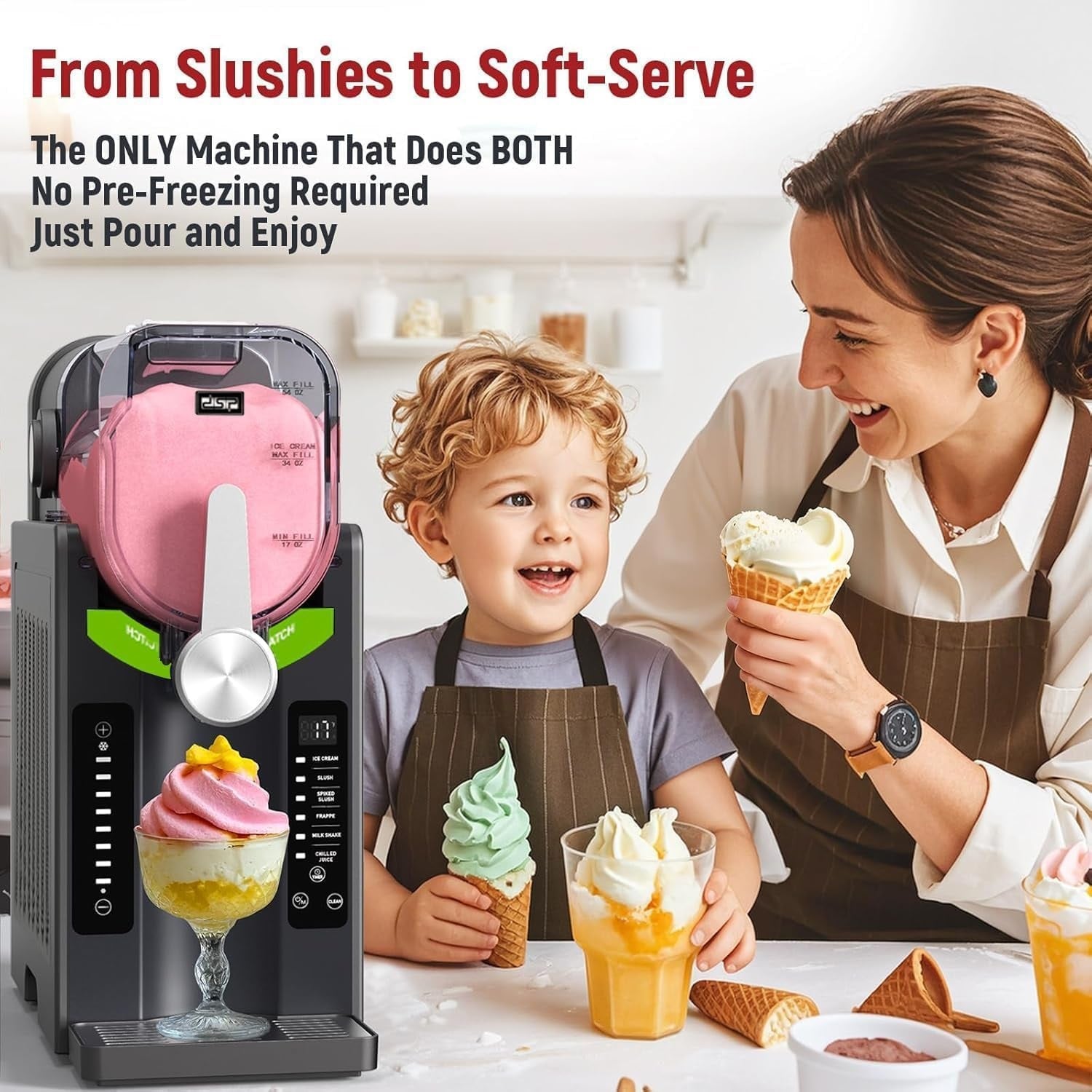 DSP KJ3085 Frozen Dessert & Slushie Maker – 1500W Electric Ice Drink Machine with Quick-Freeze, Compressor Cooling, 6 Preset Modes, Adjustable Thickness & One-Touch Control – Stainless Steel
