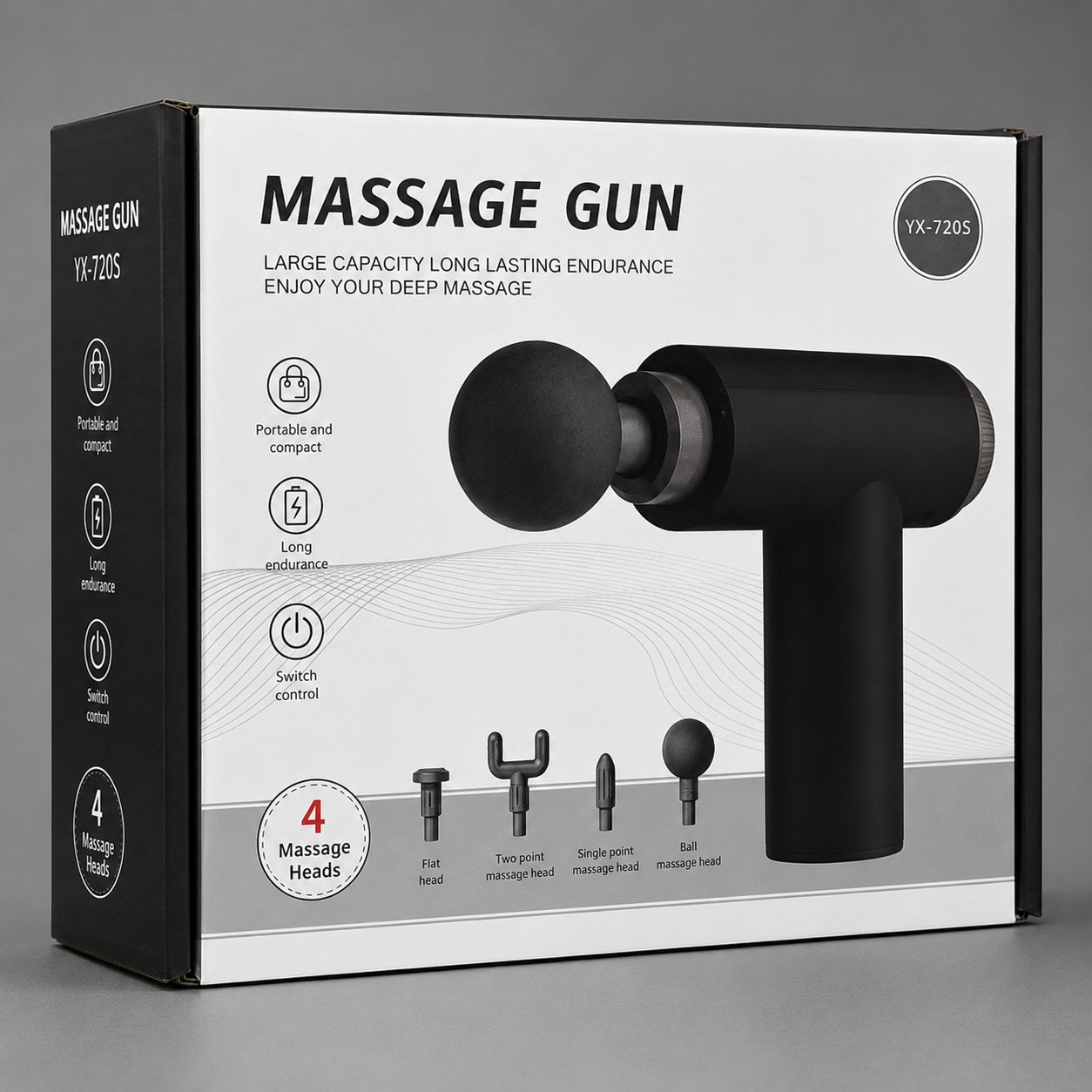 Portable Deep Tissue Massage Gun with 4 Interchangeable Massage Heads – Model YX-720S