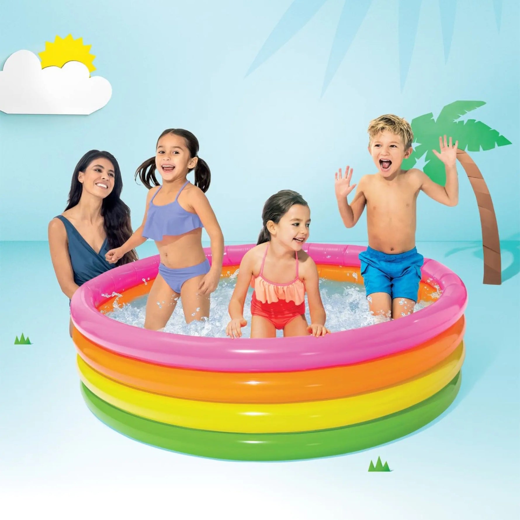 Children playing in a colorful inflatable pool with a woman supervising, set against a bright blue sky with a sun and palm tree.