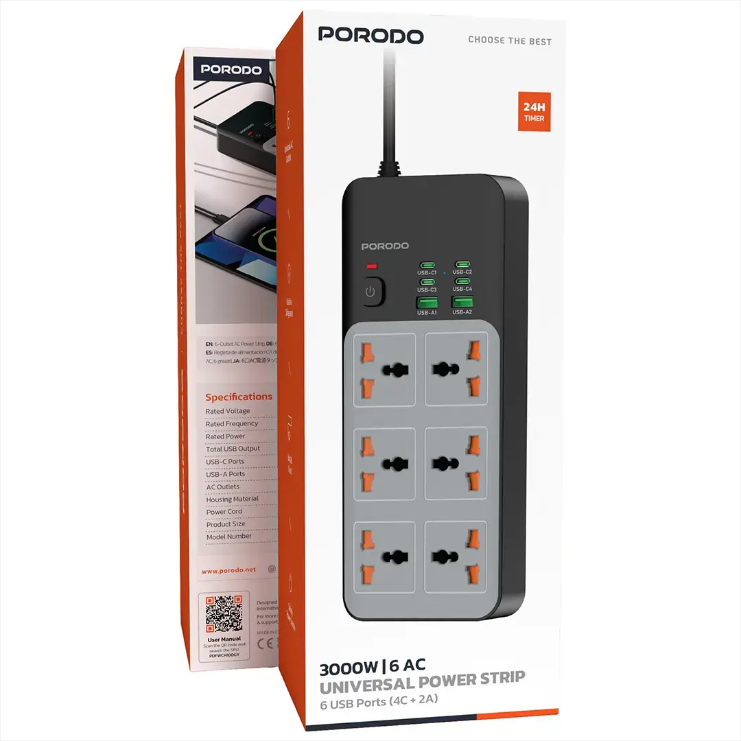 Porodo power strip with packaging on a white background