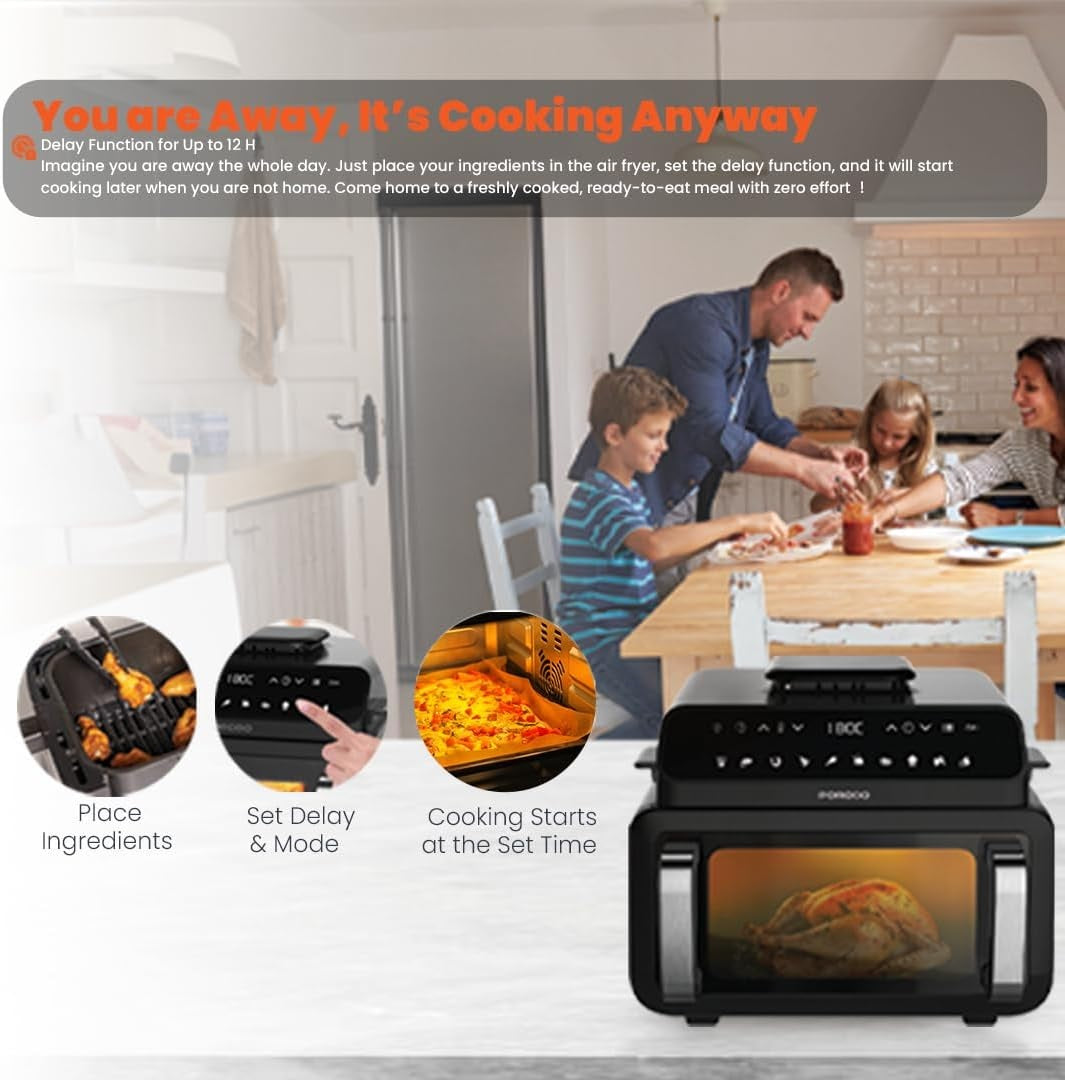 Porodo 3-in-1 Air Fryer & Pizza Maker, Electric Oven, Family Size 10.5L, 2100W Power, 10×Cooking Modes, Delay Function, LED Display, Indoor Grill, Pizza Machine & Airfryer, No Oil Grilling, Fry & Bake