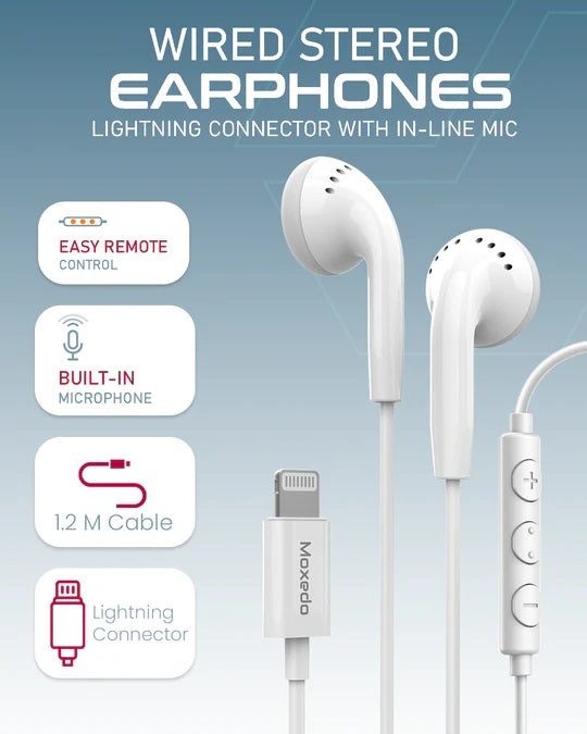 Moxedo Wired Stereo Earphones Lightning Connector Earphone with In-Line Remote, Built-in Microphone Compatible for iPhone 14/13/12/11 Pro Max/X/XS Max/XR (White)